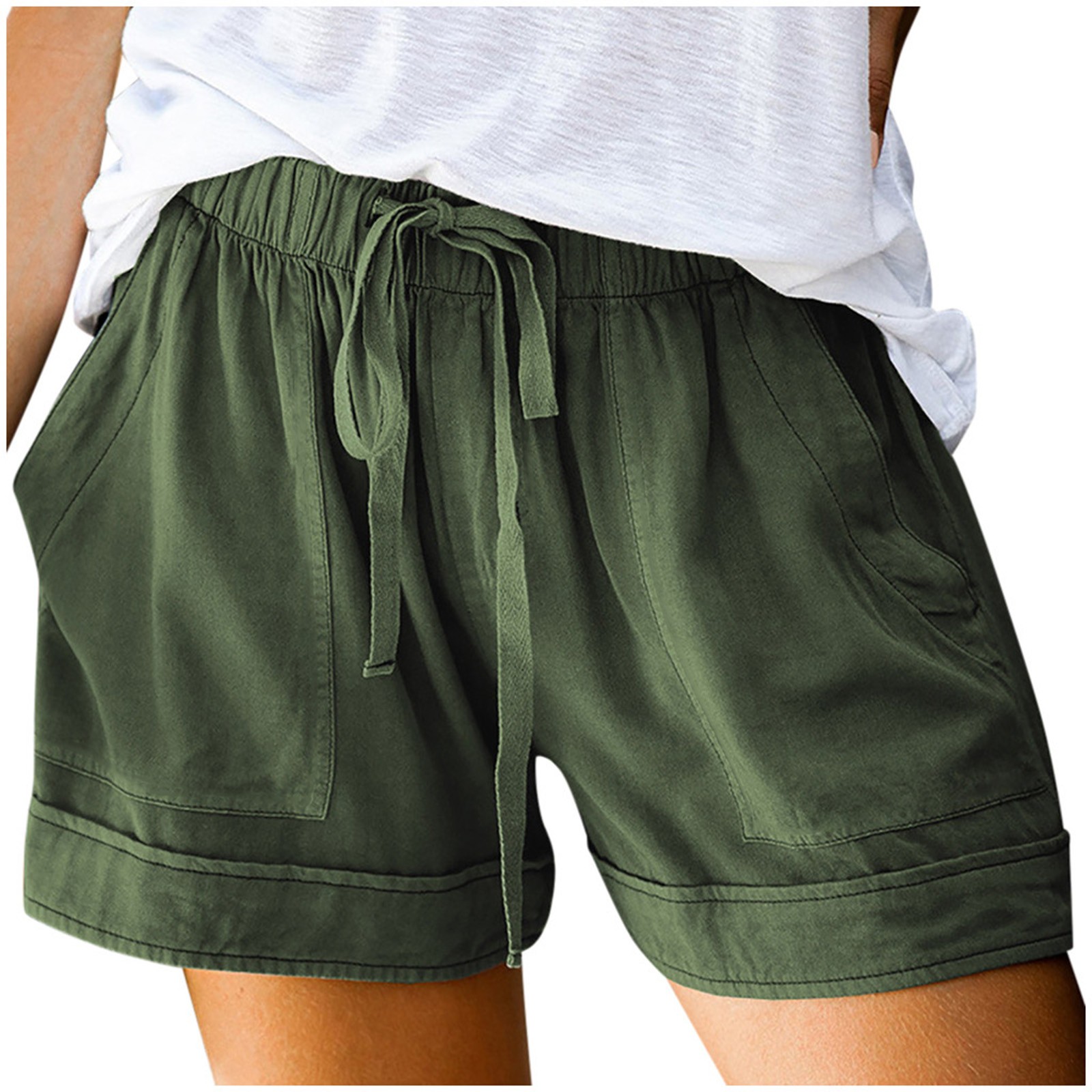 thumbnail image 5 of Pantalones cortos cómodos con cordón y cintura elástica para mujer - Pantalones holgados de color liso con bolsillos - Ropa informal de verano de poliéster, 5 of 8